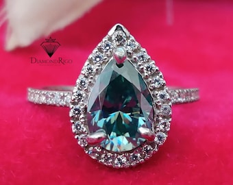 3 CT Green Pear Moissanite Ring, Halo Engagement Ring, Bridal Wedding Ring for Woman, Anniversary Ring, Colored Pear Moissanite Ring