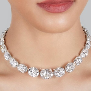 Collar de tenis de diamantes de moissanita ovalada, collar de moissanita de gargantilla ovalada, joyería de regalos personalizados, collar hecho a mano de una sola fila grande