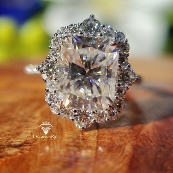 Moissanite Engagement Ring Halo, Radiant Moissanite Wedding Ring, Cluster Bridal Ring Set, Filigree Anniversary Gifts, Promise Ring for Her