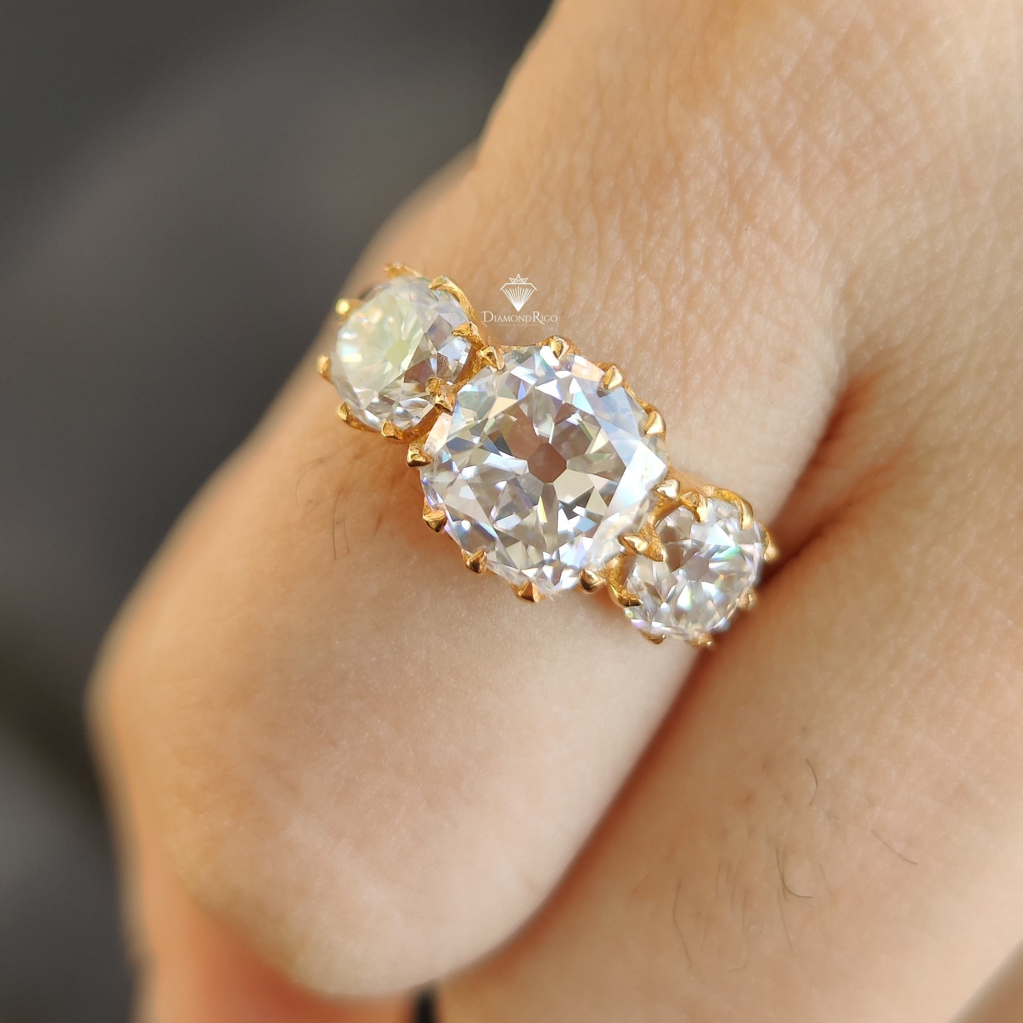 5TCW Old Mine Cut Moissanite Engagement Ring, Three Stone