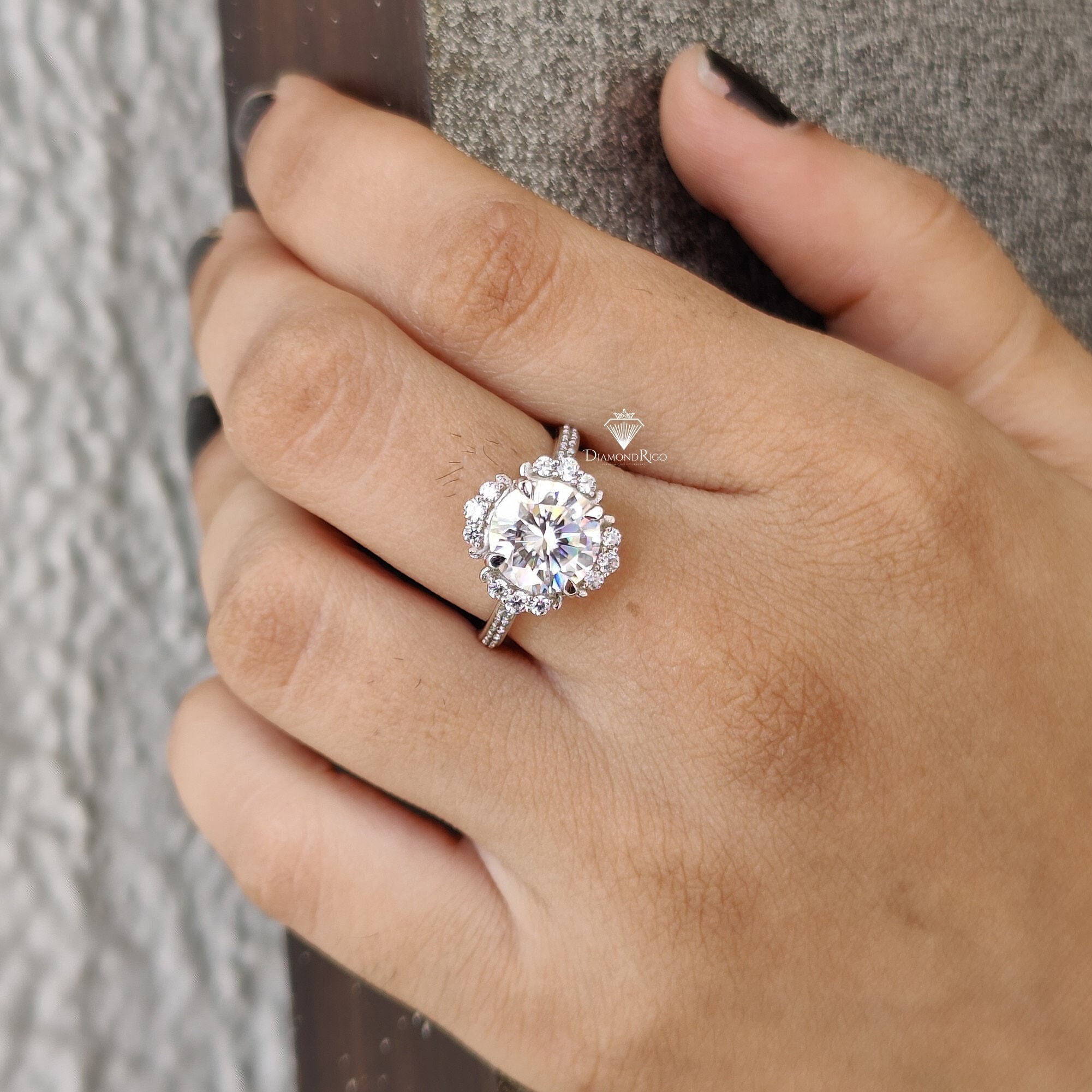 Antique Halo Moissanite Wedding Ring, Fancy 9mm Round Engagement Ring, Woman Designer Ring, Birthday/Promise Gift Ideas, Anniversary Gifts