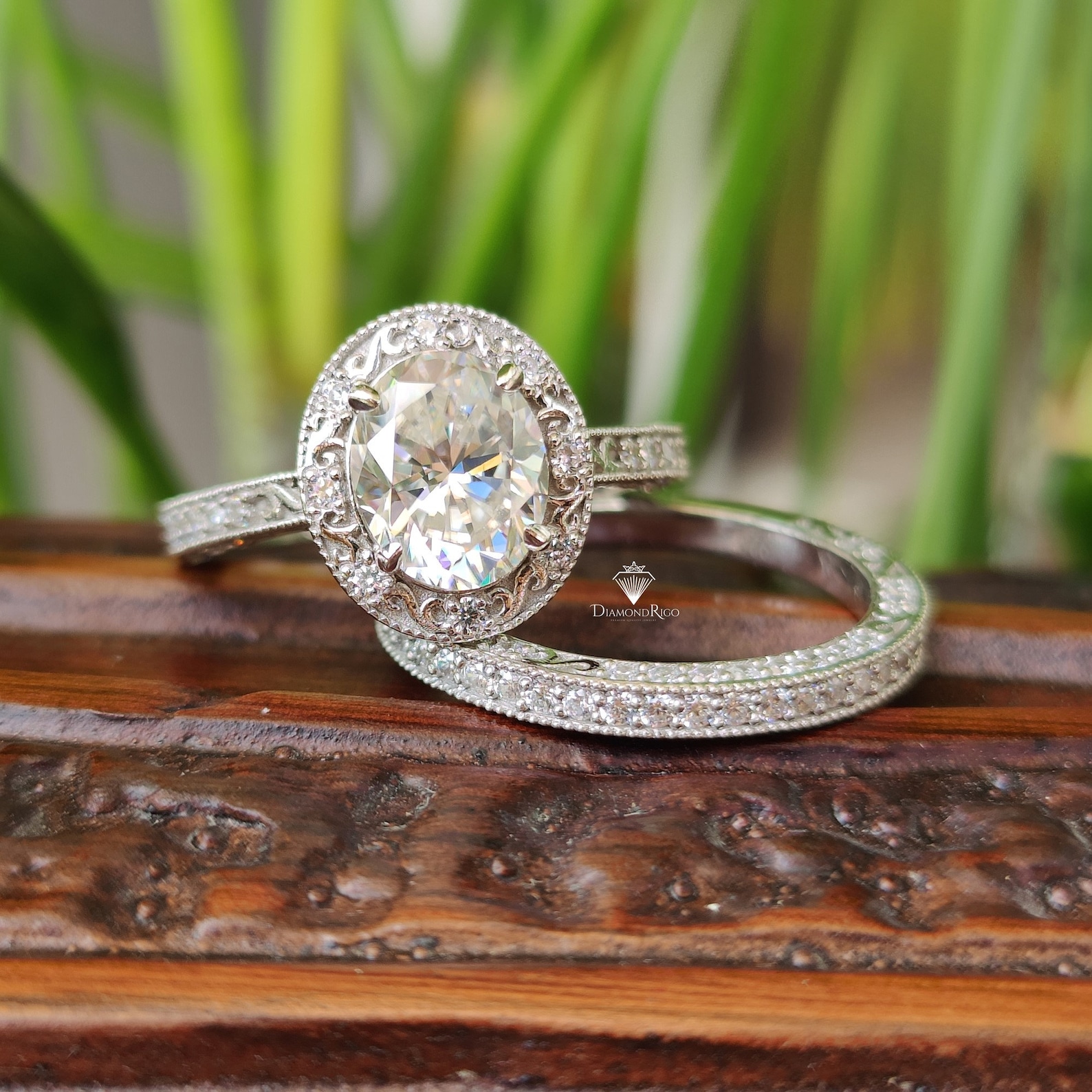 4.15TCW Vintage Art Deco Bridal Ring Set, Antique Halo Oval Engagement 4.15TCW Vintage Art Deco Bridal Ring Set, Antique Halo Oval Engagement