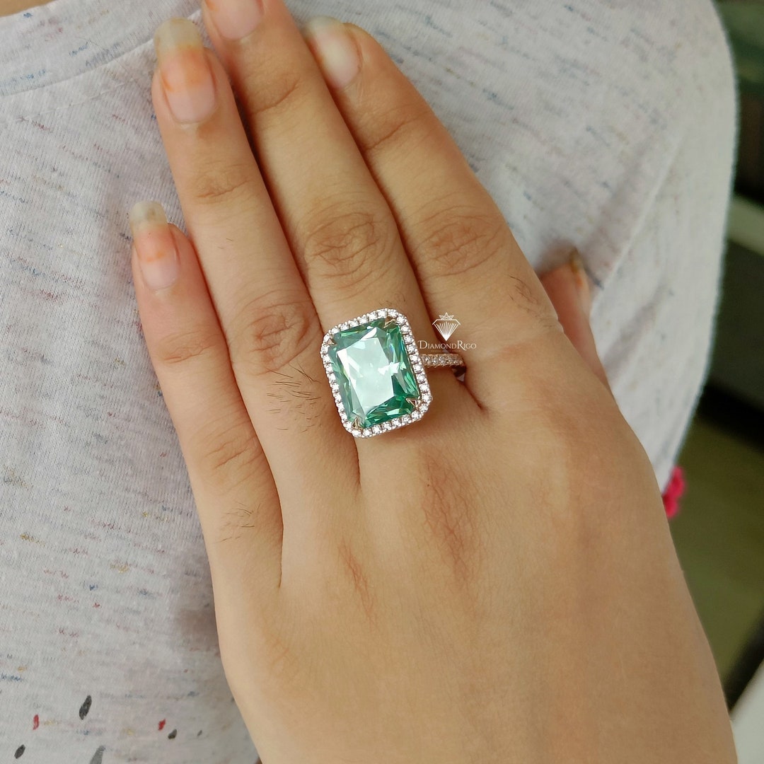Promise Ring, Green Radiant Moissanite Halo Engagement Ring, Moissanite