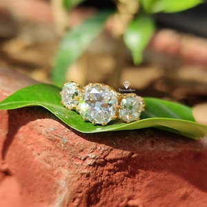 Puede incluir: Un anillo de oro con tres diamantes grandes, redondos y transparentes engastados en fila. El anillo est&aacute; sobre una hoja verde.
