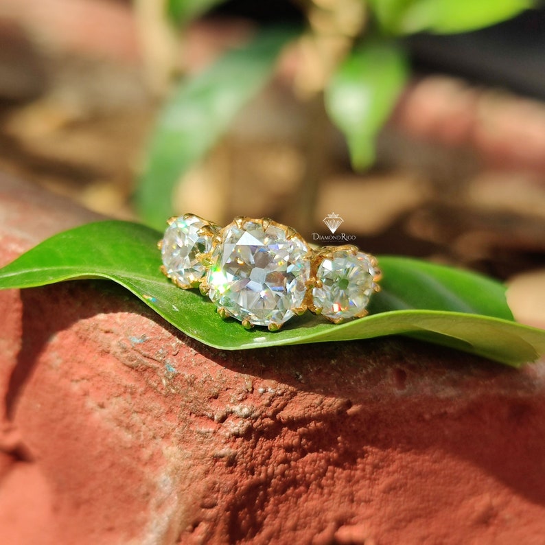 Puede incluir: Un anillo de oro con tres diamantes grandes, redondos y transparentes engastados en fila. El anillo est&aacute; sobre una hoja verde.