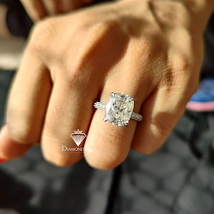Elongated Cushion Moissanite Engagement Ring, Pave Set Solitaire Moissanite Ring, Hidden Halo Ring, Anniversary Ring, Bridal Wedding Ring