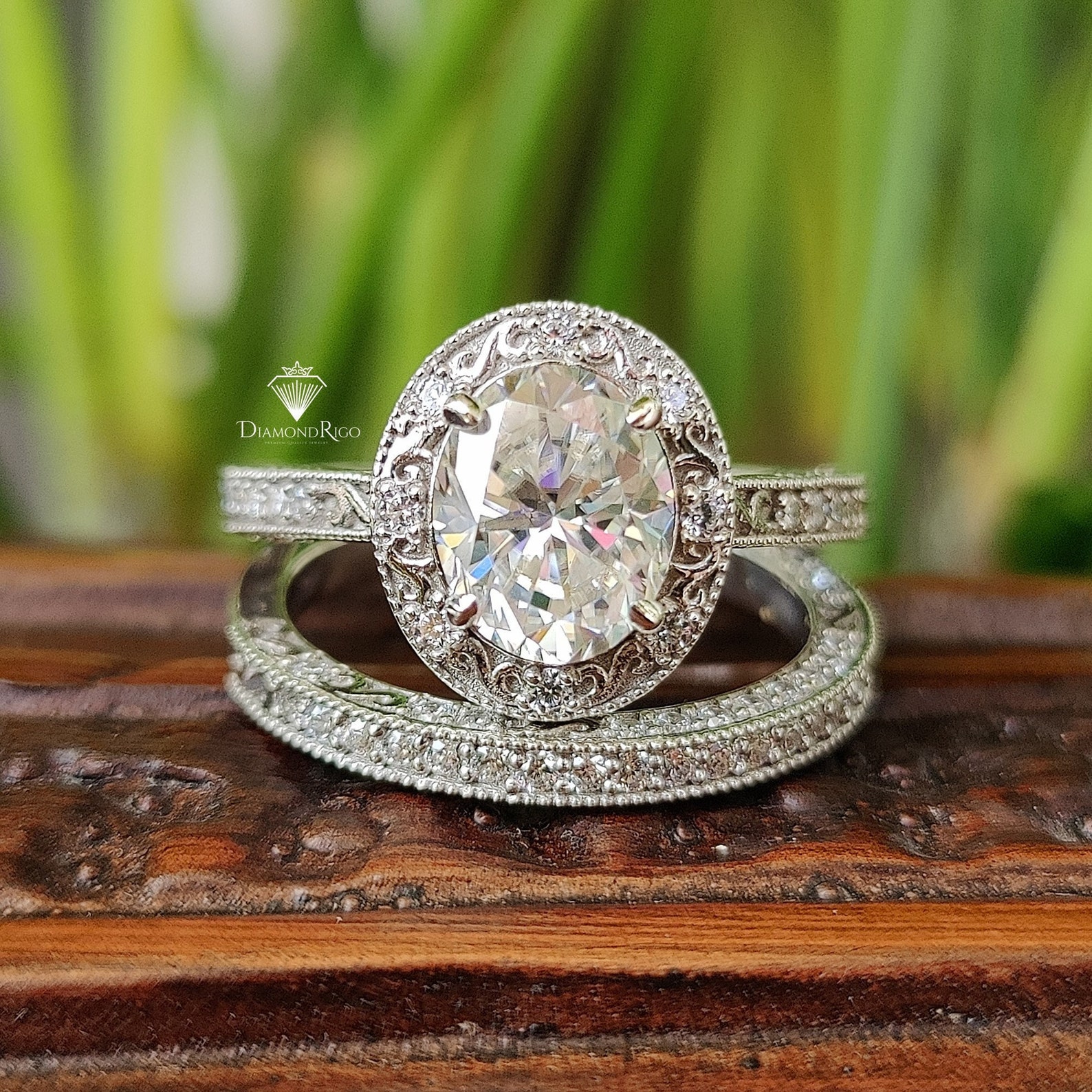4.15TCW Vintage Art Deco Bridal Ring Set, Antique Halo Oval Engagement 4.15TCW Vintage Art Deco Bridal Ring Set, Antique Halo Oval Engagement