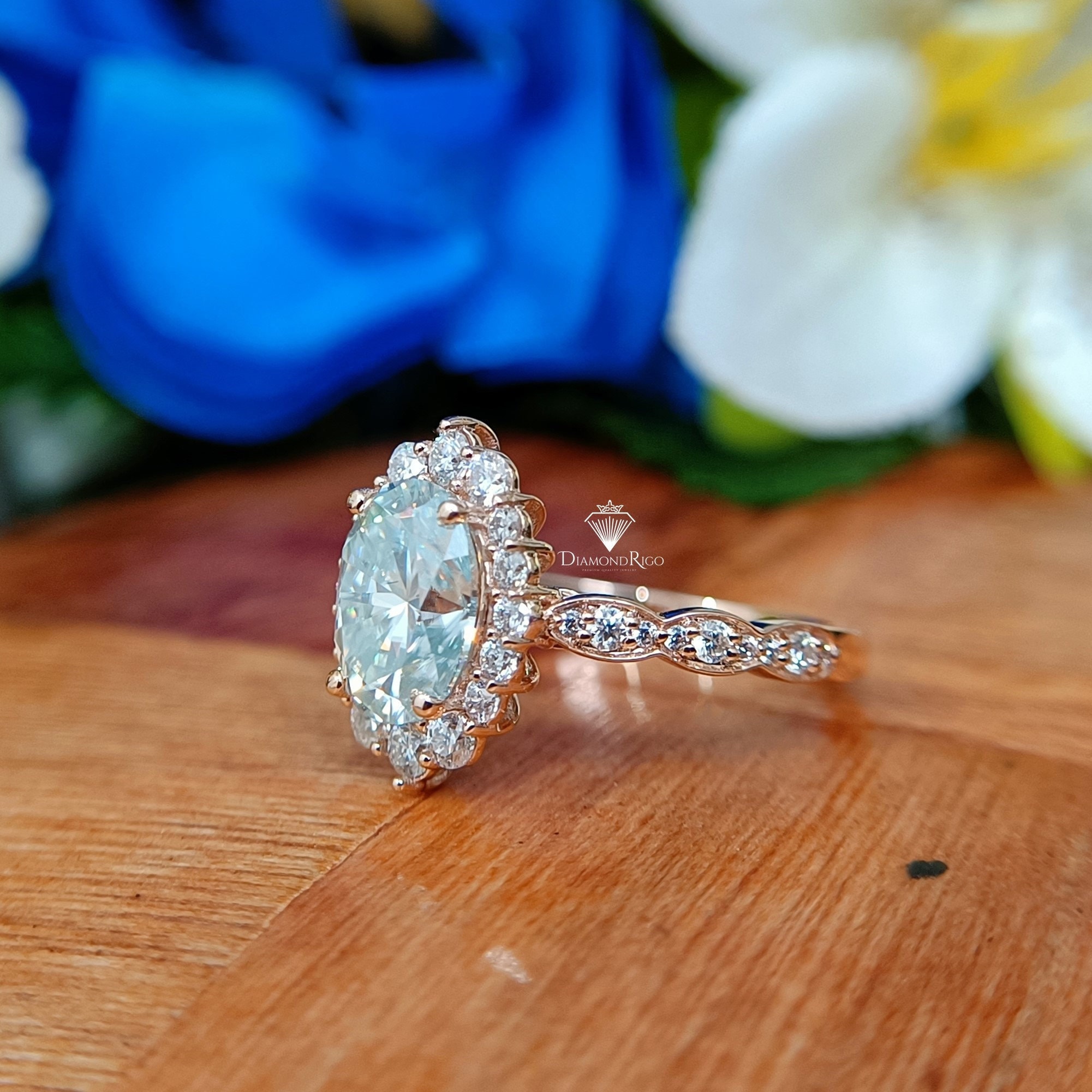 8x6mm Light Blue Oval Moissanite Halo Engagement Ring, Filigree