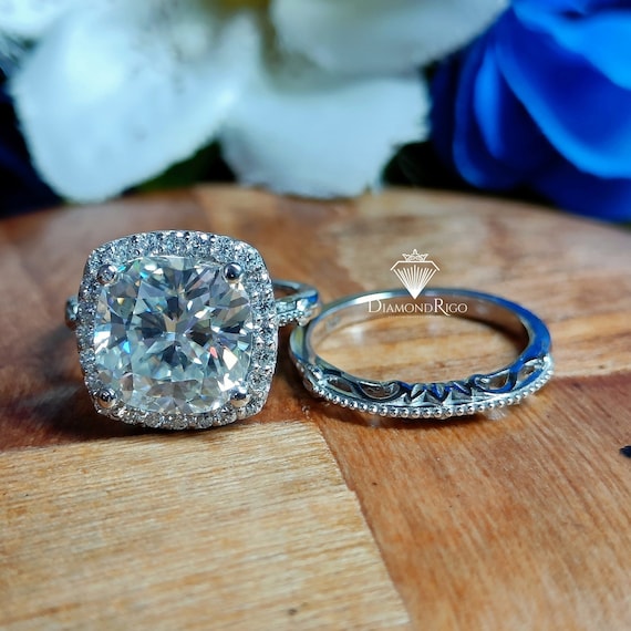 10 MM Antique Cushion Engagement Ring Set Moissanite Halo Etsy