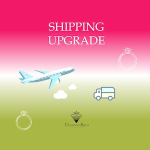 May include: A graphic with a pink, white, and green gradient background. The text "SHIPPING UPGRADE" is in white. A blue airplane is flying in the sky with white clouds. A white truck is on the ground. A white diamond ring is on the right side of the image. A white diamond ring is on the left side of the image. The text "DIAMOND RIGO" is in black at the bottom of the image.