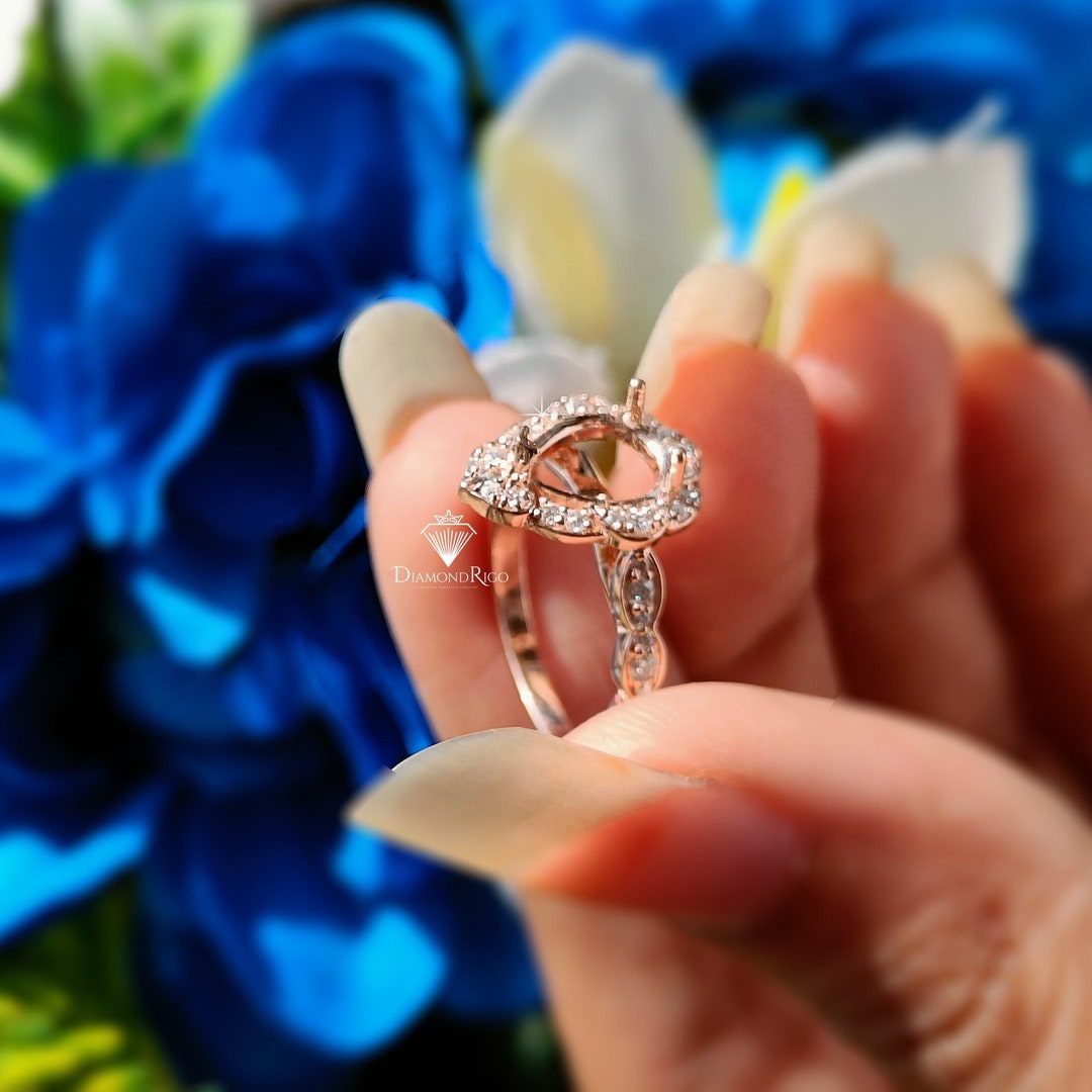 9x7 Mm Pear Shape Semi Mount Ring, Halo Moissanite Engagement Ring