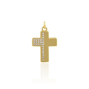 18K Gold Filled Catholic Jewelry, Cubic Zirconia Gold Cross Necklace, Glossy Cross Charm, DIY Jewelry Making Supplies, 13.5x21.5x1.5mm