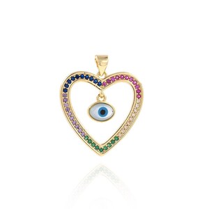 Heart Pendant, Micropavé CZ Love Necklace, 18K Gold Filled Eye Charm, Evil Eye Charm, Heart Eye Pendant, DIY Jewelry Supplies, 29x3.5x24.5mm