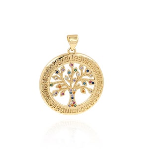 18K Gold Filled Tree of Life Pendant Necklace, Cubic Zirconia Gold Tree Charm, Gold Round Necklace, DIY Jewelry Making Supplies, 32x25x3mm