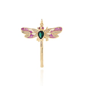 Pingente delicado de libélula, pingente de inseto em ouro 18K, pingente de libélula em zircônia cúbica, suprimentos para fazer joias faça você mesmo, 42 x 39,5 x 6,5 mm