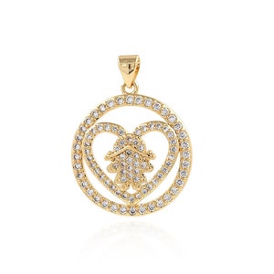 Girl Charm, 18K Gold Filled Openwork Round Charm, Micropavé CZ Heart Pendant, Gold Heart Charm, DIY Jewelry Making Supplies, 28x22x4.5mm