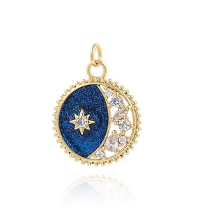 Star and Moon Pendant 18K Gold Filled Gold Star and Crescent Round Disc Pendant Necklace Gift for Her DIY Making 19.5x24.5x3.5mm