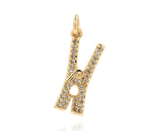 18K Gold Filled Clothespin Laundry Charm MicroPave CZ Clip Pendant, Clip Jewelry for Bracelet Necklace Earrings Jewelry Making,22x8.5x2.5mm