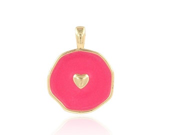 Dije redondo, colgante de disco relleno de oro de 18 quilates, dije redondo y de corazón, dije de esmalte, colgante de corazón de esmalte, suministros de joyería DIY, 18,5 x 14 x 2,5 mm