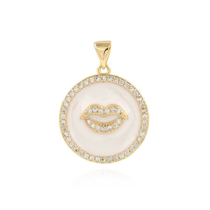 Enamel Lips Charm, 18K Gold Filled Round Charm, Lip Necklace, Micropavé CZ Enamel Charm, DIY Jewelry Supplies, 20x26x3mm