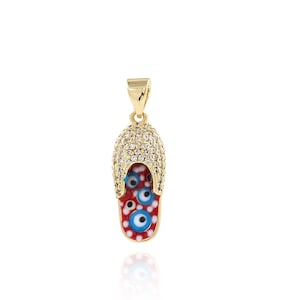 Evil Eye Pendant,MicroPave CZ Sandal Charm,18K Gold Filled Flip Flop Pendant,Enamel Charm,DIY Jewelry Making Beach Charm,8.5x25.5x4.5mm