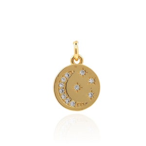 18K Gold Filled Gold Star and Crescent Round Disc Pendant Necklace for Women CZ Star and Moon Pendant Gift for Her DIY Making 17x11.5x1.5mm