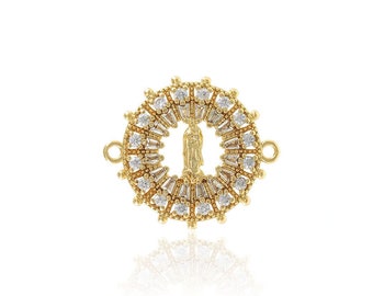 18K Gold Filled Virgin Mary Connector, Cubic Zirconia Gold Disc Connector, Catholic Baptism Ornament,DIY Jewelry Making Supplies,18x23x2.8mm