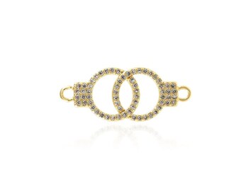 Cubic Zirkonia Doppel Ring Verbinder, Strass gepflastert Charm Verbinder, 18K Gold gefüllt Ring Verbinder, DIY Schmuck Zubehör, 26x10.5x1.5mm