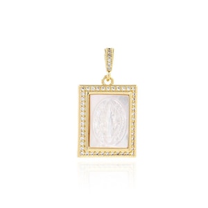 Micropaved Zircon Square Necklace, 18K Gold Filled with Religious Figure Charm,Virgin Mary Jewelry,DIY Jewelry Making Supplies,32.5x18x4.5mm