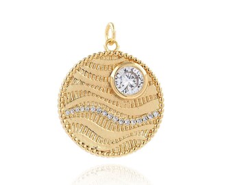ゴールド ディスク チャーム ペンダント CZ、ディスク ネックレス、14K