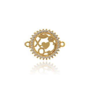 Micropavé CZ Gold Disc Verbinder, 18K Gold Filled Hohl Verbinder, Liebe Verbinder, Glück Verbinder, DIY Schmuck Zubehör, 24.5x19x2.5mm