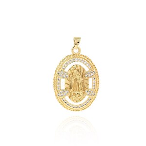 18K Gold Filled Guadalupe Jewelry, Micro Paved Zircon Virgin Mary Pendant, Gold Oval Pendant, DIY Jewelry Making Supplies, 38x23.5x5mm