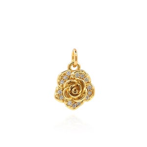 Pendentif fleur en or 18 carats, collier en or rose, breloque botanique en zircone micro-pavée, fournitures pour fabrication de bijoux à faire soi-même, collier de fleurs délicates, 13 x 9 x 3 mm