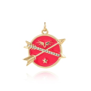 Enamel Round Disc Arrow Necklace Charm 18K Gold Filled Enamel Arrow Pendant DIY Jewelry Making Supplies 23.5x24.5x2.5mm