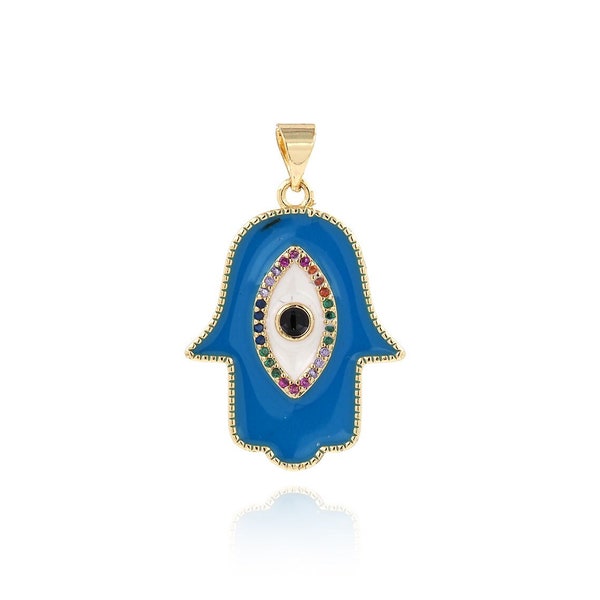Enamel Hand of Fatima Necklace 18K Gold Filled Good Luck Hamsa Pendant,Evil Eye Hamsa Charm, DIY Jewelry Making Supplies, 32.5x21x2.5mm