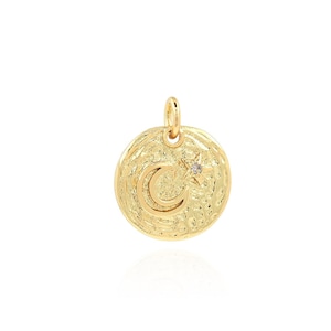 Gold Disc Necklace Pendant, 18K Gold Filled Star and Moon Charm, Micropaved Zircon Celestial Charm, DIY Jewelry Making Supplies, 13x11x2mm