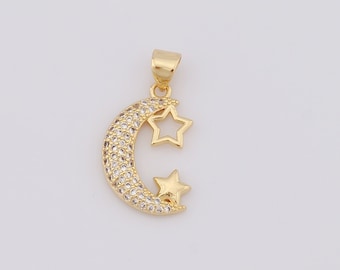 18K Gold Filled Moon Pendant, Micropavé CZ Star Charms, Celestial Charms, DIY Jewelry Making，24x13.5x3mm