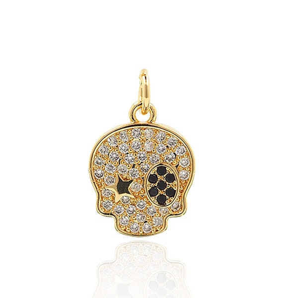 18K Gold Filling Black Eye Skull Charm Pendant MicroPave Charm Cubic Zirconia Charm For Jewelry Making Supplies Horror Charm 12x18x2mm