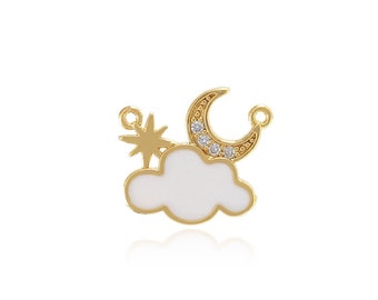 Ciondolo smaltato, connettore a forma di nuvola riempito in oro 18 carati, connettore a forma di stella e luna con zirconi cubici micropavé, ciondolo celeste, materiali per la creazione di gioielli fai da te, 17 x 15,5 x 2 mm