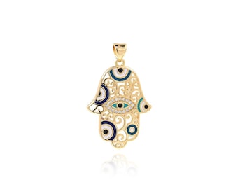 Colgante de mano relleno de oro de 18 quilates, colgante de ojo del diablo, encanto Hamsa, encanto de Fátima, fabricación de joyas DIY, 34,5x21x2,2 mm