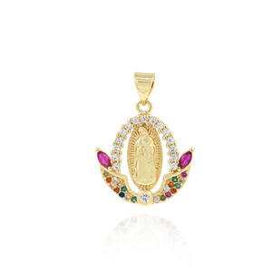 Virgin Mary Charm, 18K Gold Filled Religious Pendant, Micro Paved Colorful Zircon Guadalupe Jewelry, DIY Jewelry Making Supplies, 26x19x3mm