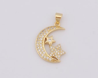 18K Gold Filled Moon Pendant, Micropavé CZ Star Charms, Celestial Charms, DIY Jewelry Making，27x17.5x2.5mm