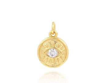 18K Gold Disc Pendant Necklace, Evil Eye Charm, Single Zircon Eye Pendant, DIY Jewelry Making Supplies, Devil's Eye Charm, 10x14x2mm
