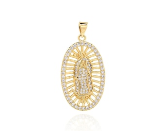 Cubic Zirconia Dainty Virgin Mary Pendant Necklace, 18K Gold Filled Gold Oval Charm, Guadalupe Jewelry, DIY Jewelry Supplies, 36x18x3mm