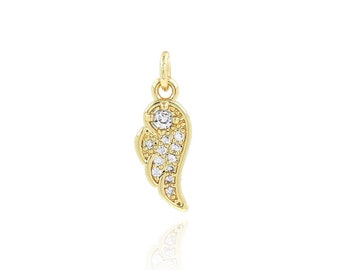 18K Gold Filled Angel Wings Necklace, Cubic Zirconia Dainty Guardian Angel Charm, Baby Gift, DIY Jewelry Making Supplies, 5.5x15.5x1.5mm