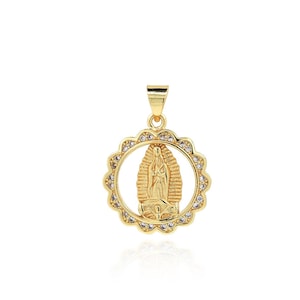 Virgin Mary Jewelry, 18K Gold Filled Round Charm, Cubic Zirconia Guadalupe Pendant Necklace, DIY Jewelry Making Supplies, 25x18x2.5mm