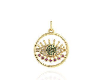 Colored Zircon Evil Eye Charm,  Round Eye Pendant Necklace, 18K Gold Filled Lucky Eye Pendant, DIY Jewelry Making Accessories,19.5x25x2.5mm