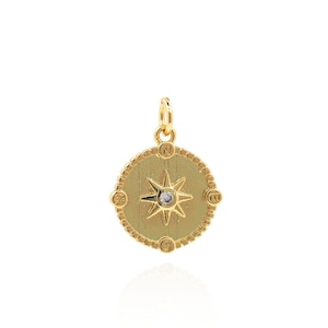 North Star Gold Disc Pendant Coins Compass Necklace Cubic Zirconia DIY Jewelry Making Supplies 18K Gold Filled Celestial Charm 20x15x2mm