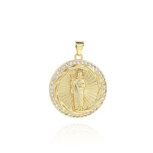 Jesus Jewelry, Zircon Religious Charm, 18K Gold Filled Faith Jewelry, DIY Jewelry Supplies, Gold Disc Charm,Protection Necklace, 33x24.5x3mm