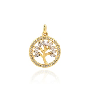 Cubic Zirconia Gold Tree Charm, 18K Gold Filled Tree of Life Pendant Necklace, Gold Round Necklace, DIY Jewelry Making Supplies, 22x16x2.5mm